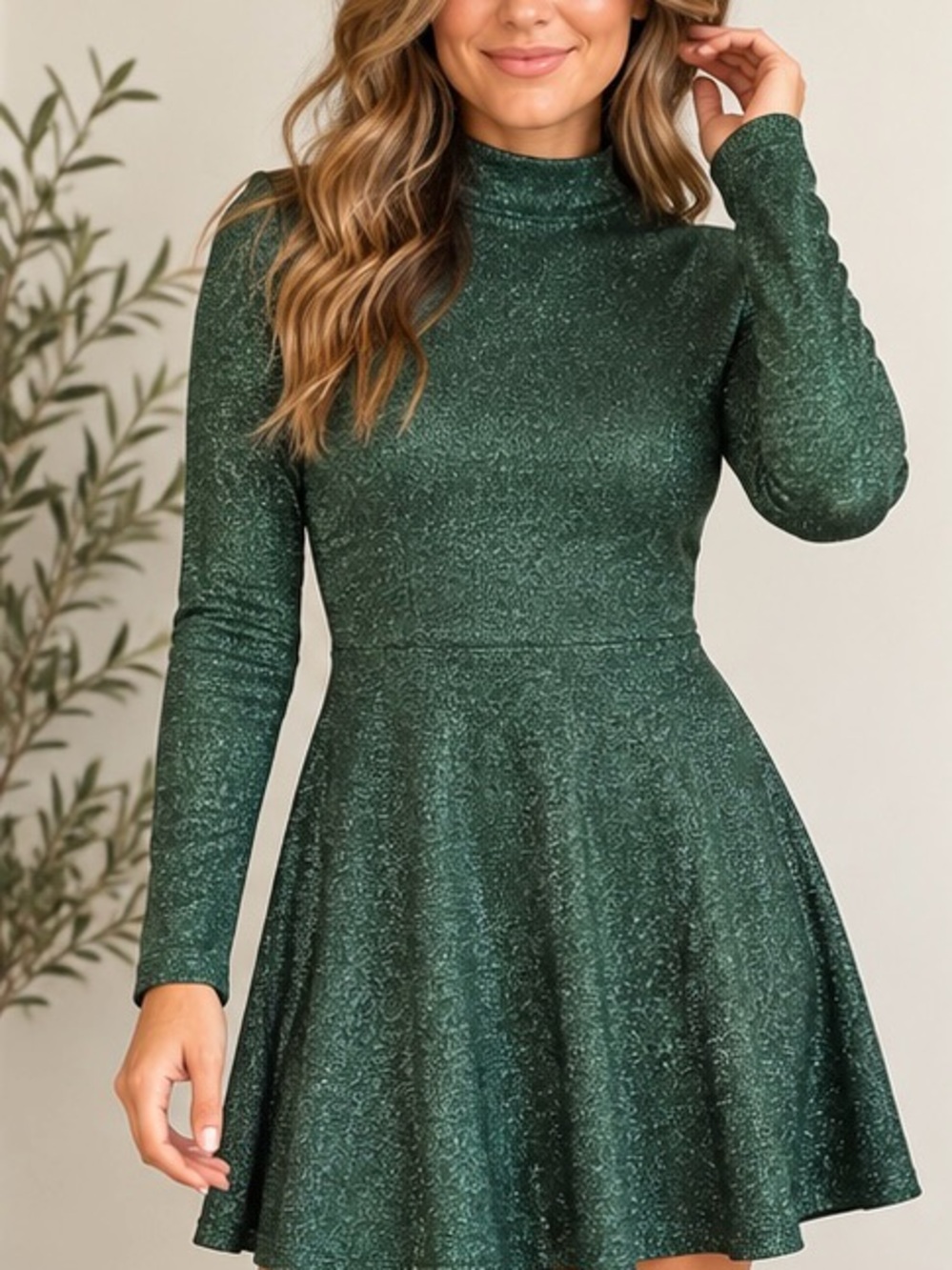Wild Fable Metallic Green Shimmer Mock Neck Fit & Flare Dress L